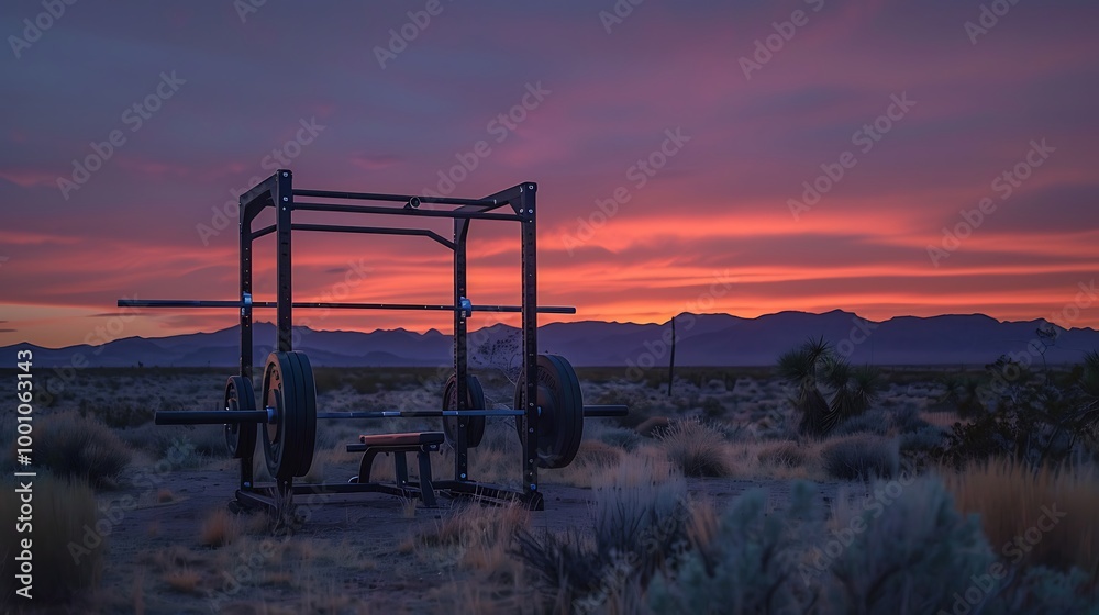 Fototapeta premium A squat rack with a desert sunset in the background
