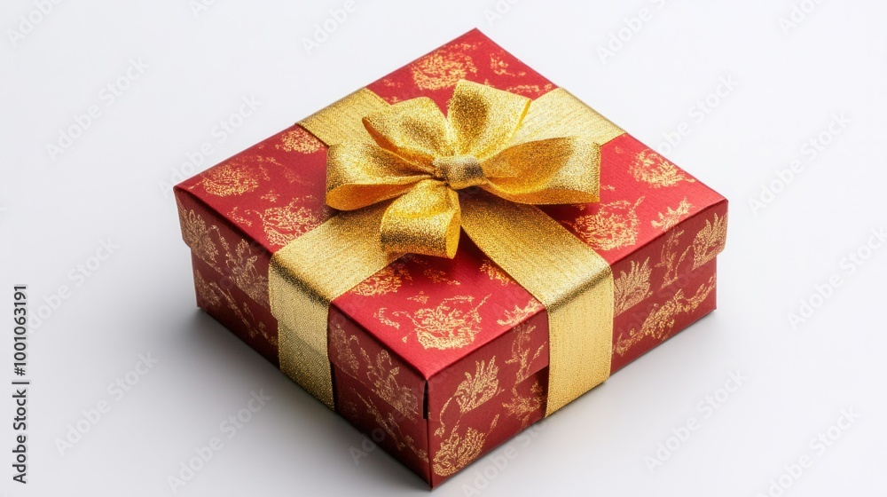 Red and gold New Year gift box with a decorative ribbon, isolated on a white background, highlighting the festive spirit. Red and gold New Year gift box with a decorative ribbon, isolated on a white background, highlighting the festive spirit.