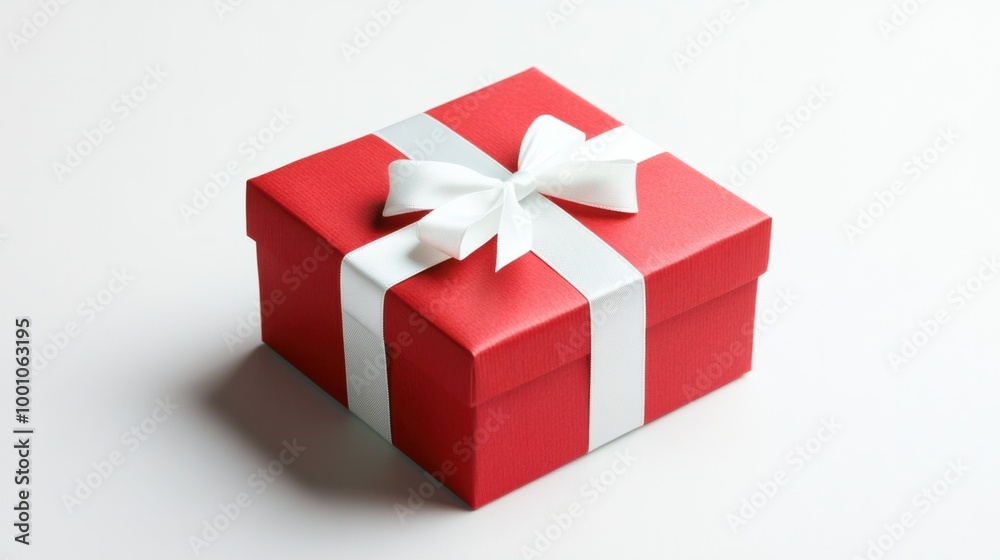Red New Year gift box with a white ribbon and bow, isolated on a clean white background, creating a festive, celebratory feel. Red New Year gift box with a white ribbon and bow, isolated on a clean white background, creating a festive, celebratory feel.