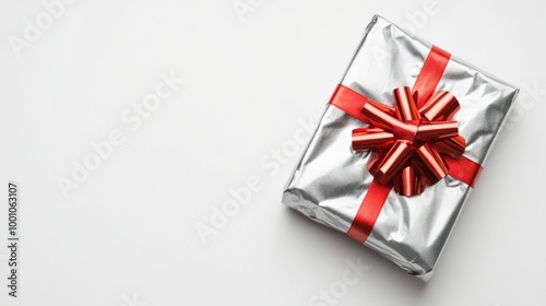 New Year present wrapped in silver foil paper with a bright red bow, isolated on a white background for a celebratory look.