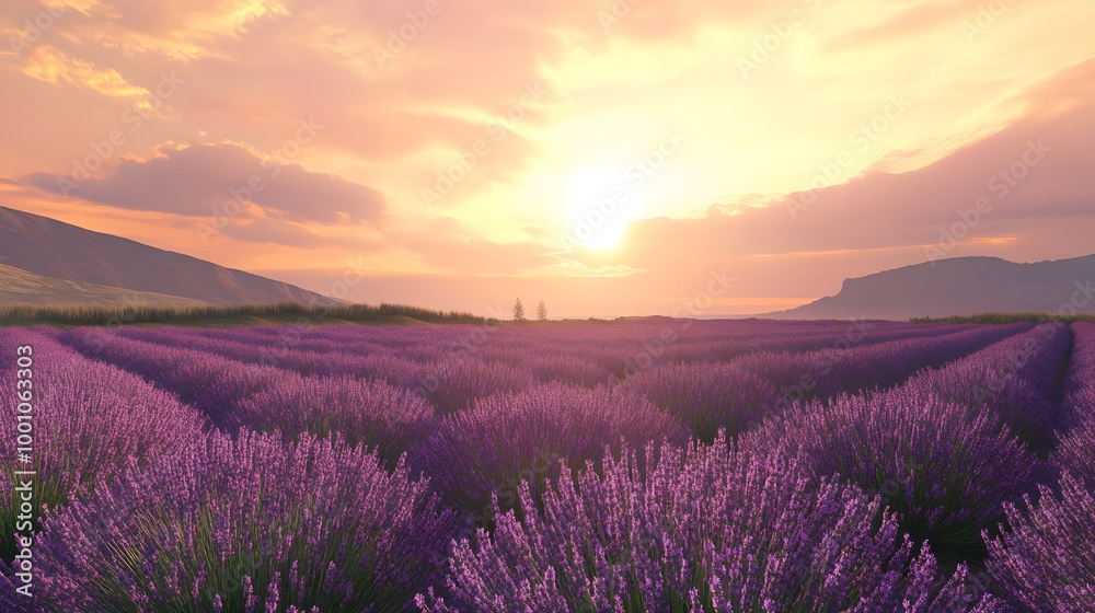 Lavender Field at Sunset with Distant Mountains Lavender Field at Sunset with Distant Mountains
