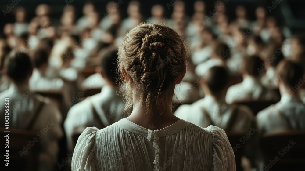 From behind, we see an individual facing a large seated audience, signifying a lecture, presentation, or gathering, with attention given to the speaker.