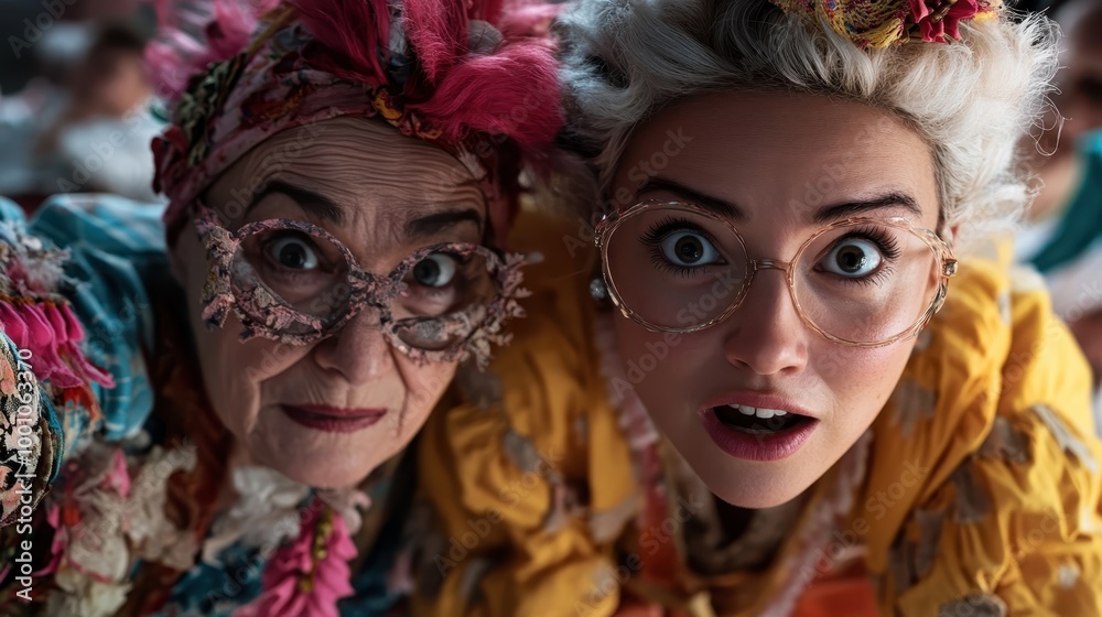 Two women in striking costumes, one elderly and one younger, wear colorful glasses and express surprise, capturing a playful and theatrical moment of whimsy. Two women in striking costumes, one elderly and one younger, wear colorful glasses and express surprise, capturing a playful and theatrical moment of whimsy.