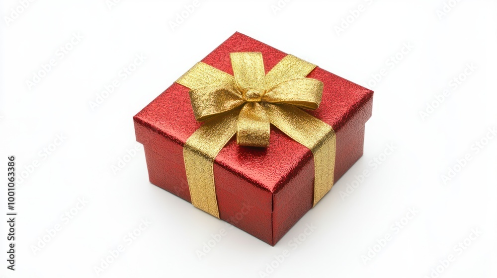 Shiny red and gold New Year gift box, perfectly tied with a decorative ribbon, isolated on a clean white background. Shiny red and gold New Year gift box, perfectly tied with a decorative ribbon, isolated on a clean white background.