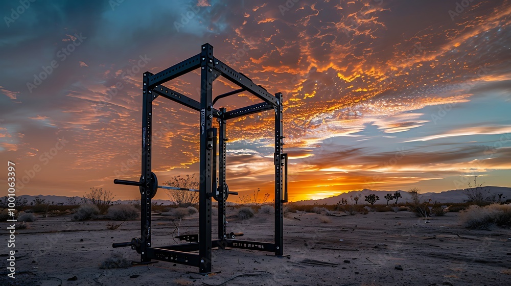 A squat rack with a desert sunset in the background A squat rack with a desert sunset in the background