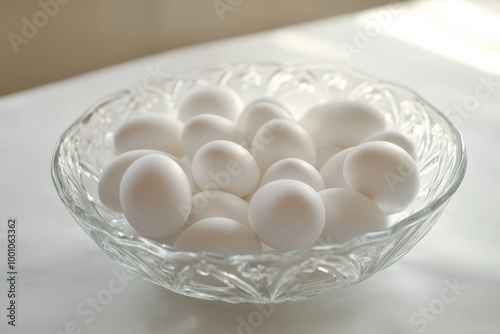 Glass bowl filled with fresh white eggs