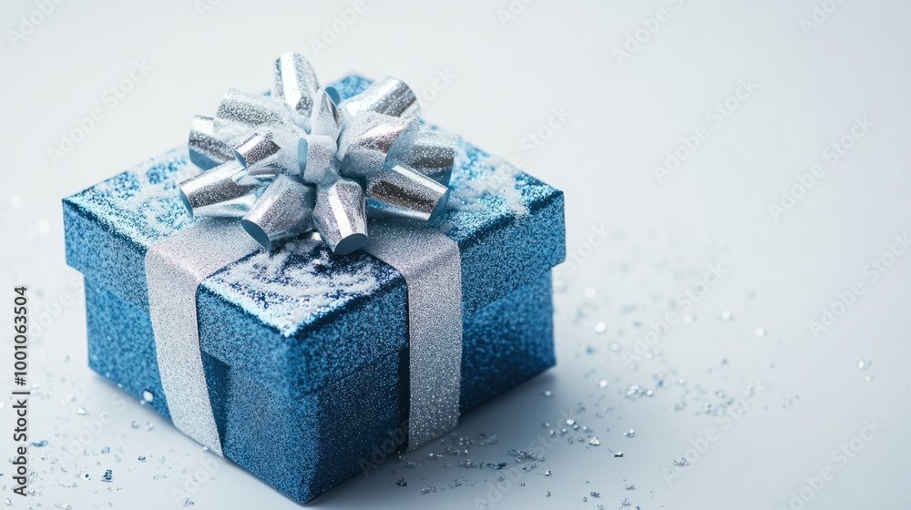 Small festive New Year present in blue and silver, isolated on a white background with a delicate bow on top. Small festive New Year present in blue and silver, isolated on a white background with a delicate bow on top.