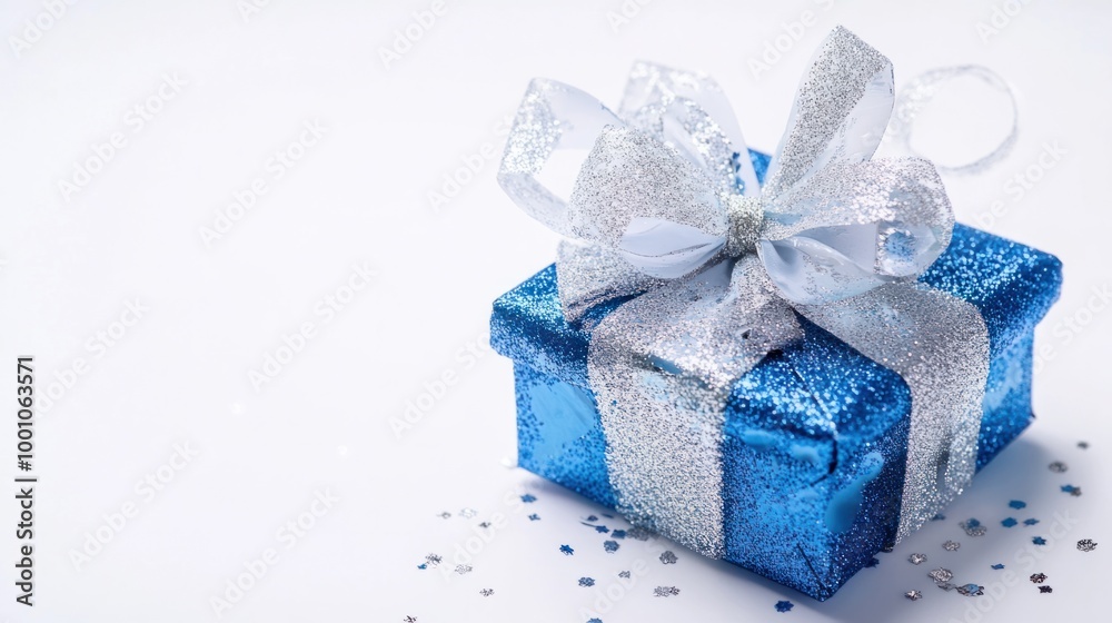 Fototapeta premium Small festive New Year present in blue and silver, isolated on a white background with a delicate bow on top.