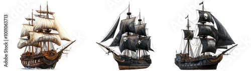 Colorful Vintage Ships on a Transparent Background Isolated on Transparent Background