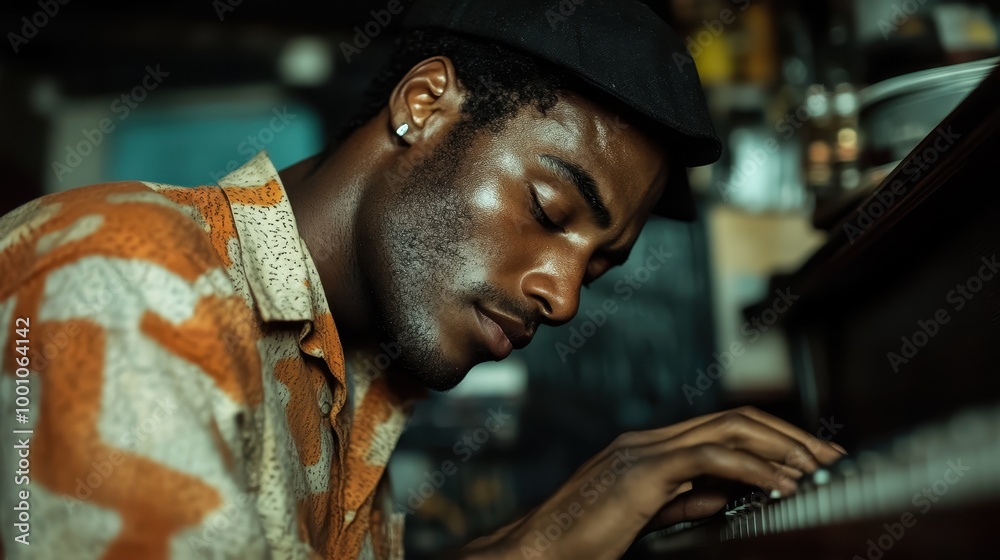 A person wearing an orange shirt is playing the piano indoors, concentrating deeply on their performance with a calm and relaxed backdrop of a cozy room. A person wearing an orange shirt is playing the piano indoors, concentrating deeply on their performance with a calm and relaxed backdrop of a cozy room.