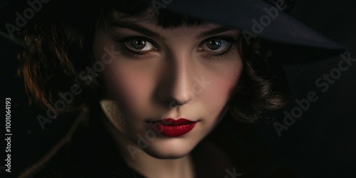 Portrait of a confident young woman in vintage fashion, styled as a retro spy with glamour elements, set against a black background and showcasing luxurious cosmetics from the 1920s