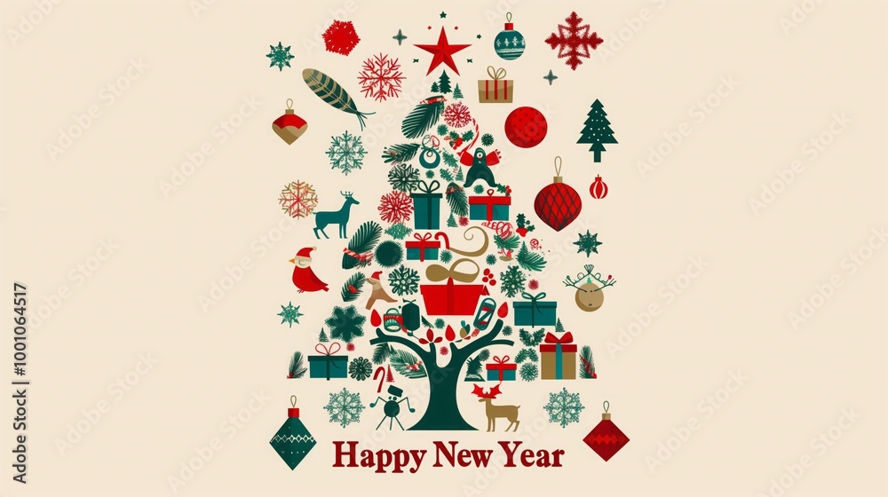 On a white background there are New Year's toys in the form of a Christmas tree and the phrase On a white background there are New Year's toys in the form of a Christmas tree and the phrase