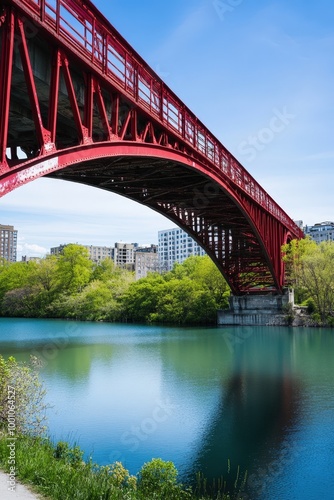 Vibrant red bridge over serene river