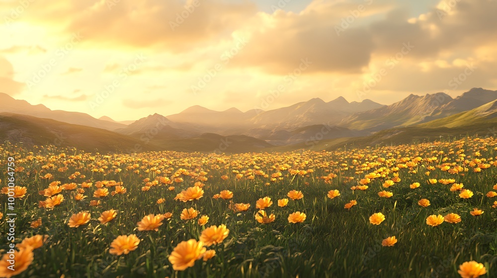 Fototapeta premium A serene meadow filled with golden marigolds, swaying gently under a soft autumn sky.