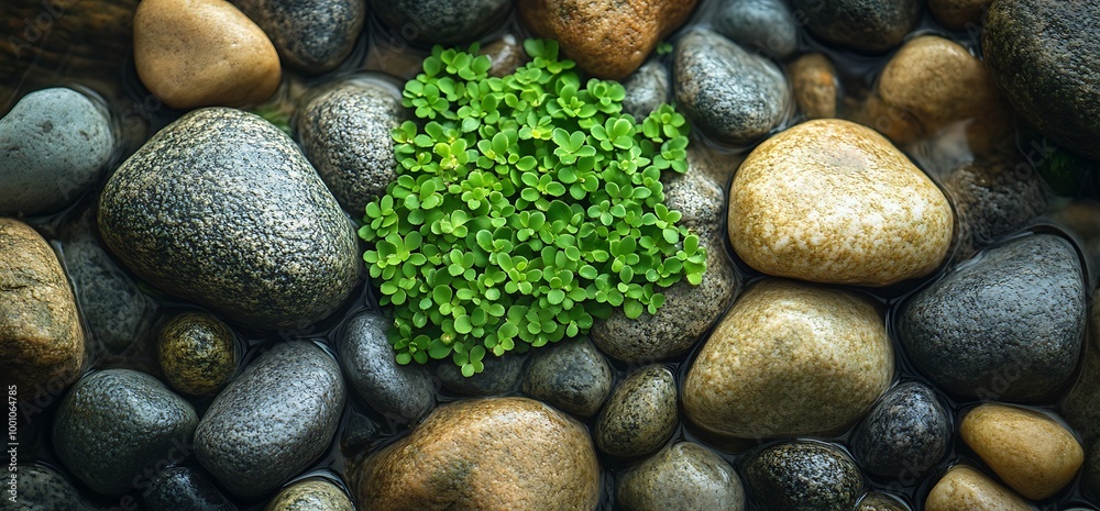 Lush green plant amidst smooth, grey, brown and white river rocks. Lush green plant amidst smooth, grey, brown and white river rocks.