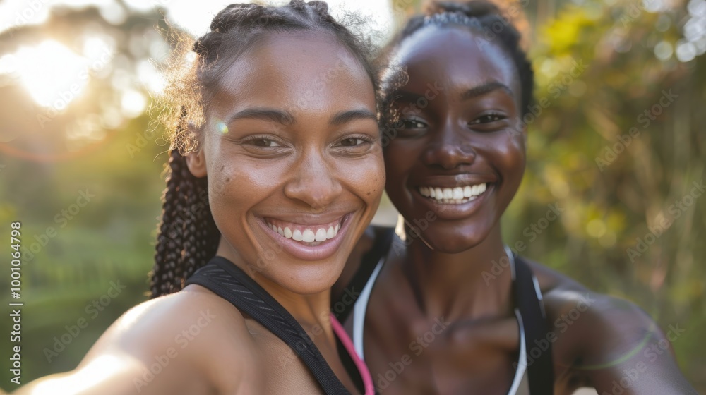 Two smiling female athletes enjoying a workout together in sports attire during an outdoor run Two smiling female athletes enjoying a workout together in sports attire during an outdoor run