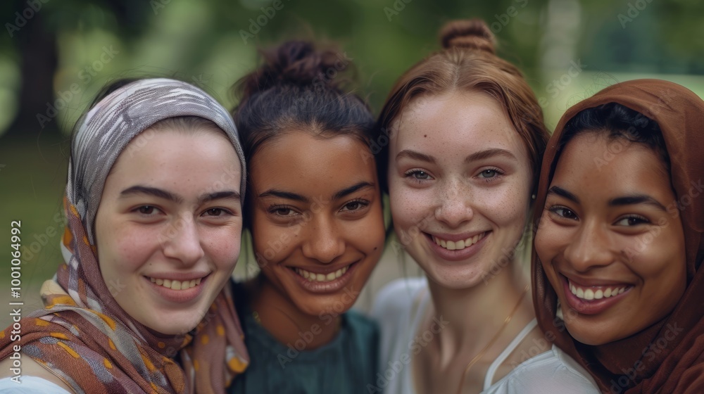 Smiling young women from diverse ethnic backgrounds, standing closely together Smiling young women from diverse ethnic backgrounds, standing closely together