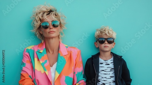 A mother with tousled hair in a vibrant multi-colored outfit sitting next to her child, who wears a striped shirt and jacket, both against a solid teal-colored wall backdrop.