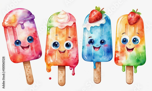 Four colorful popsicles with cute faces smile at the viewer