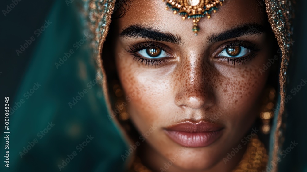 An exquisite image of a woman in a veil adorned with ornate jewelry, her intense gaze and freckles accentuating the cultural beauty and grace of the scene. An exquisite image of a woman in a veil adorned with ornate jewelry, her intense gaze and freckles accentuating the cultural beauty and grace of the scene.
