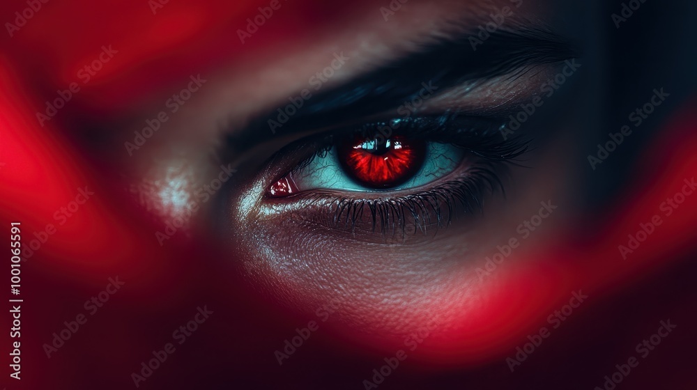 A striking close-up of a red eye, surrounded by vivid red tones. Captivating, intense and dramatic, this image evokes a sense of mystery and intrigue.