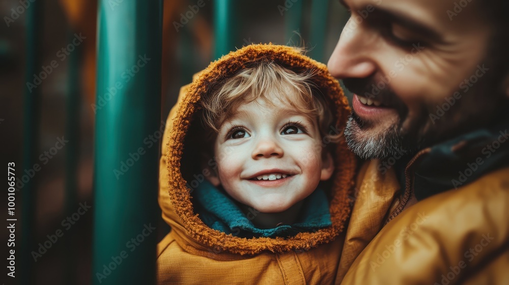 A heartwarming scene of a child and his father, both wearing matching yellow jackets, sharing joyful smiles and capturing the essence of togetherness and love. A heartwarming scene of a child and his father, both wearing matching yellow jackets, sharing joyful smiles and capturing the essence of togetherness and love.