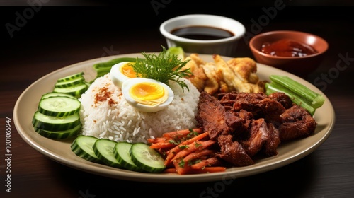 a malaysian cuisine, a nasi lemak, fragrant coconut rice loaded with chicken, spicy anchovies, eggs, sliced cucumbers and granished with basil leaf