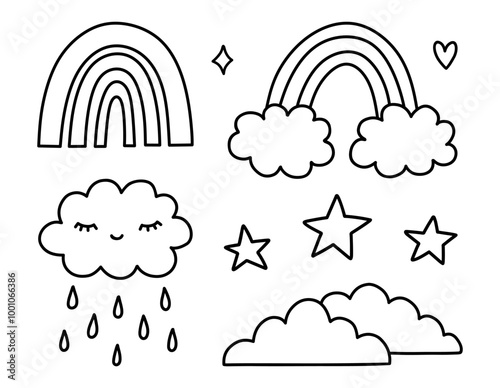 Cute set of weather elements - clouds, rainbow, stars. Vector hand-drawn illustration in doodle style. Perfect for cards, decorations, logo, various designs.