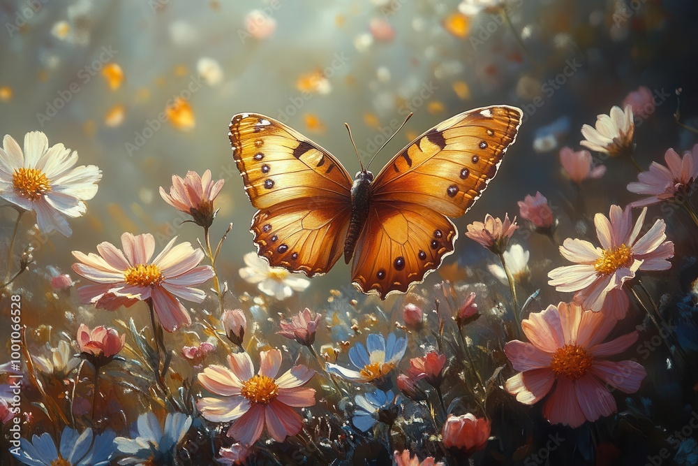 first butterflies emerging over a sunlit clearing adorned with blooming spring flowers symbolizing renewal and the beauty of nature in vibrant colors