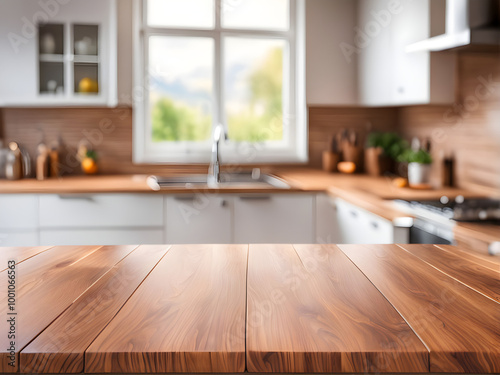 Beautiful empty brown wooden table top and blurred defocused modern kitchen interior background with daylight flare, product montage display.