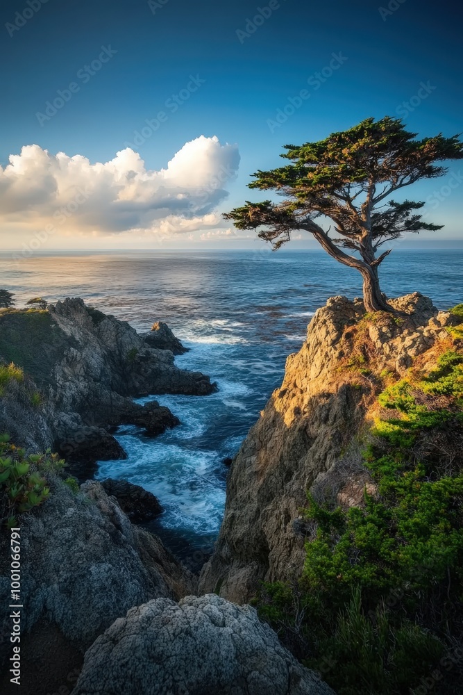 Dramatic coastal landscape with twisted pine tree Dramatic coastal landscape with twisted pine tree