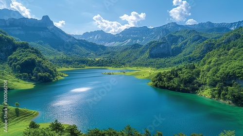 Mountain lake with forest reflection and scenic peaks 