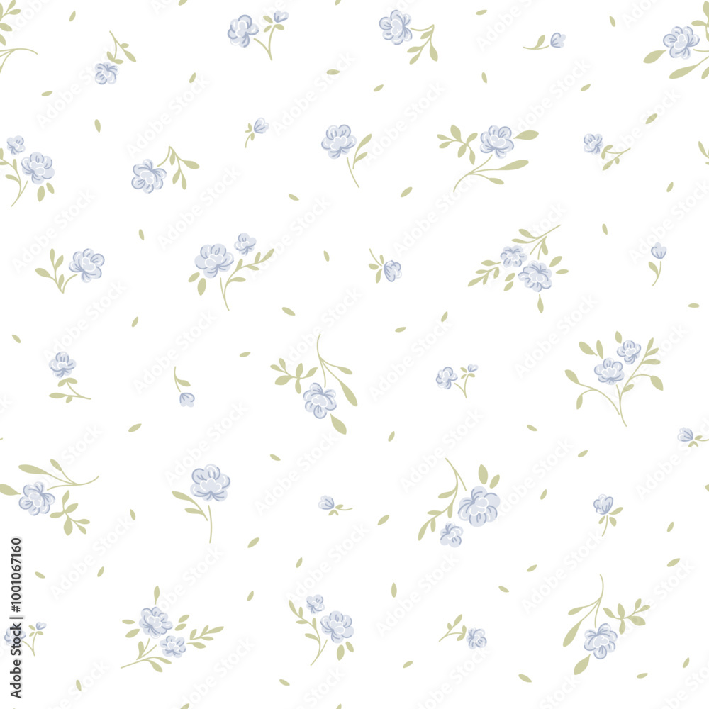 Beautiful cute small rose flowers and leaves white background, simple vintage ditsy style of blue and green colors. Seamless pattern for textile, fashion fabric print girl and woman dress, design