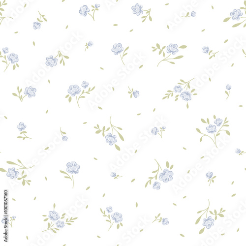 Beautiful cute small rose flowers and leaves white background, simple vintage ditsy style of blue and green colors. Seamless pattern for textile, fashion fabric print girl and woman dress, design
