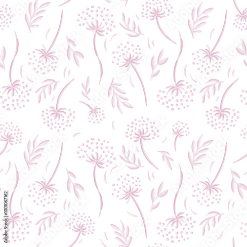 Cute pink dandelion flowers, fashion floral seamless pattern ditsy vintage style, hand drawn, volume. Vector illustration