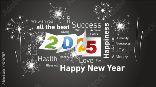 Happy New Year 2025 white all wishes word cloud text with colourful 2025 calendar pages and light sparkle firework black background vector