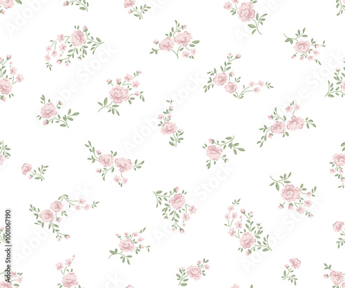 Beautiful cute small pink rose flowers with green leaves background, simple vintage ditsy style. Seamless pattern for textile, fabric print, home decor, design. Vector illustration