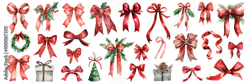 Set of isolated ribbon bows in vivid hand painted watercolor painting on a transparent background for ornamental Christmas and New Year celebration party decoration elements.