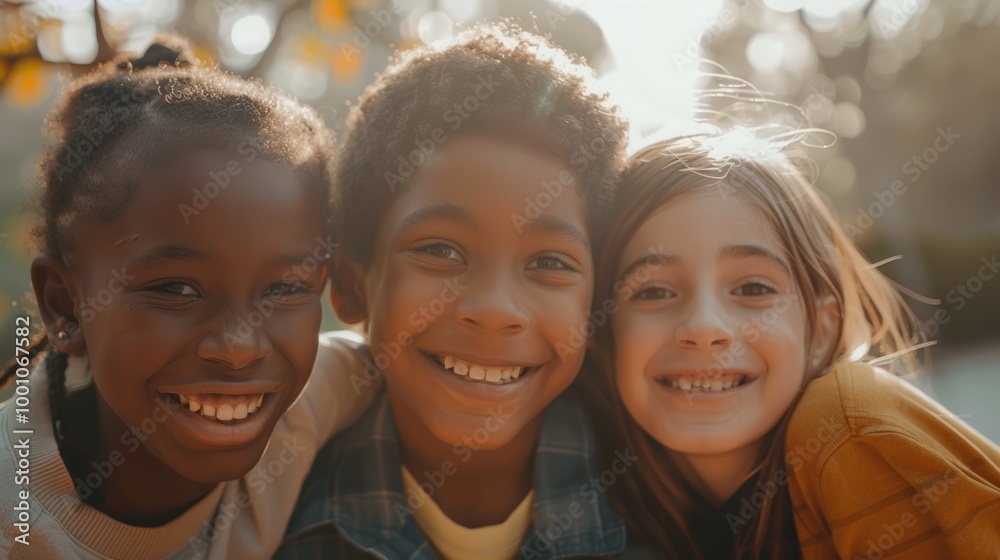 Fototapeta premium Three joyful children from diverse backgrounds, smiling brightly