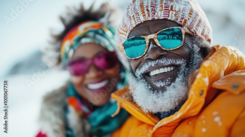 Two individuals dressed in winter attire, standing together with a snowy landscape in the backdrop, exuding warmth and camaraderie despite the chilly environment.