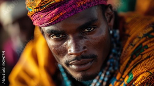 A man in a vibrant patterned turban gazes intensely into the camera, radiating strength and cultural pride against a background of vivid colors.