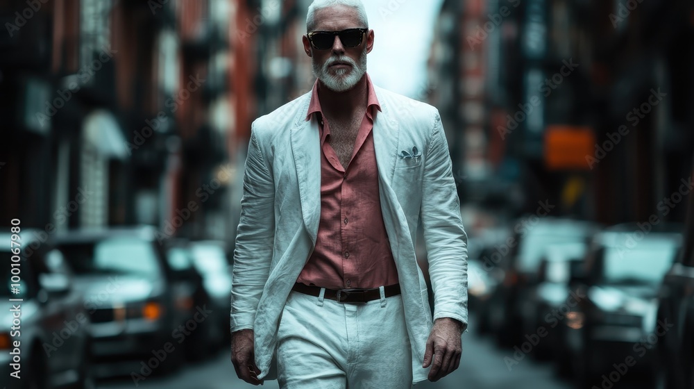 An elderly man with gray hair and a beard struts confidently through a bustling city street, donning a stylish white suit and dark sunglasses. An elderly man with gray hair and a beard struts confidently through a bustling city street, donning a stylish white suit and dark sunglasses.