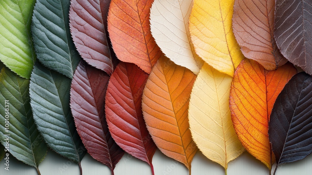 A beautiful collection of leaves arranged in a perfect gradient showcasing the transition from green to autumn colors, illustrating the change of seasons. A beautiful collection of leaves arranged in a perfect gradient showcasing the transition from green to autumn colors, illustrating the change of seasons.