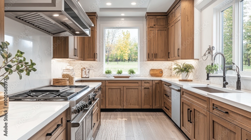 Modern kitchen featuring wood cabinets, stainless steel appliances, and natural light. Modern kitchen featuring wood cabinets, stainless steel appliances, and natural light.