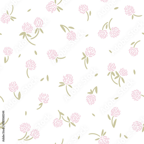 Clover small cute pink wild field flowers and green leaves fashion seamless pattern, ditsy flat simple style. Vector illustration