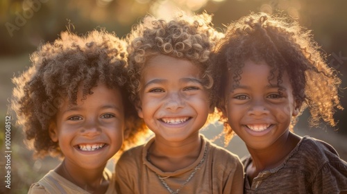 Three joyful children with varied hair textures, smiling warmly