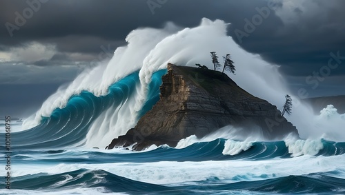 A breathtaking ocean landscape with towering, turbulent waves aggressively crashing against rugged, weathered rocky cliffs, sending foamy spray high into the air, creating a powerful
