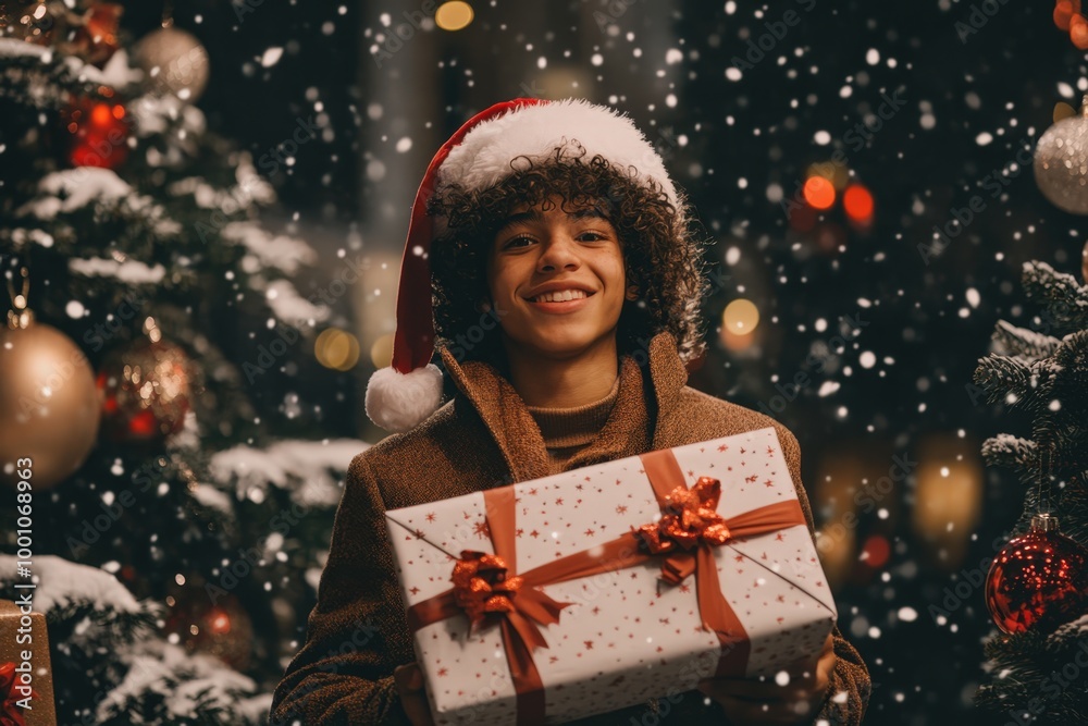 smiling person in santa hat holding christmas gift smiling person in santa hat holding christmas gift