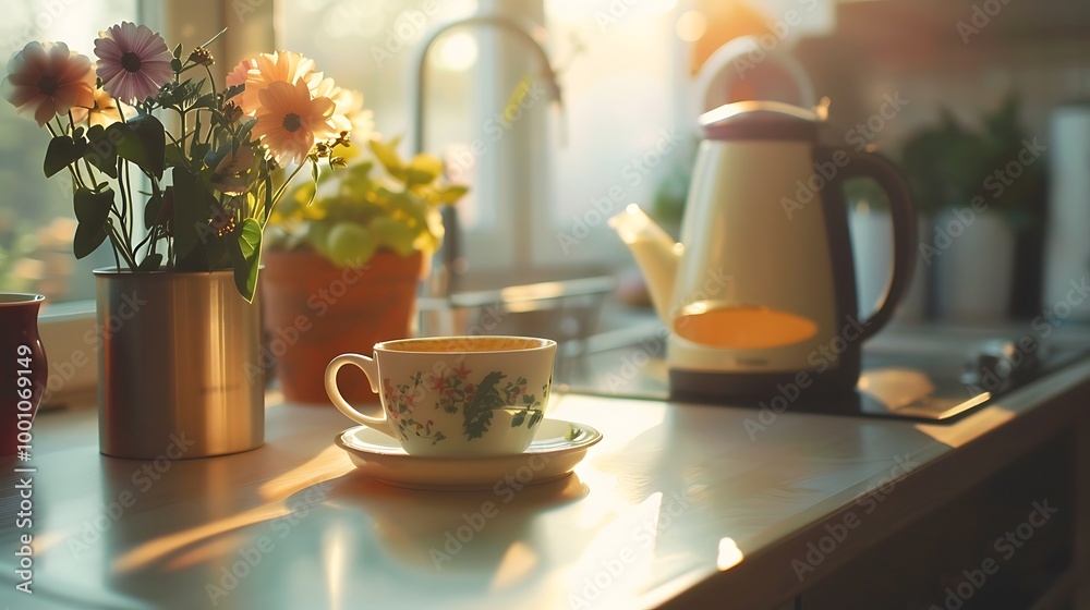 A stylish electric kettle and a cup of herbal tea rest on a kitchen island A stylish electric kettle and a cup of herbal tea rest on a kitchen island