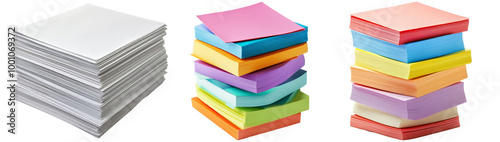 Colorful Sticky Notes and Blank Paper Stacks Isolated on Transparent Background